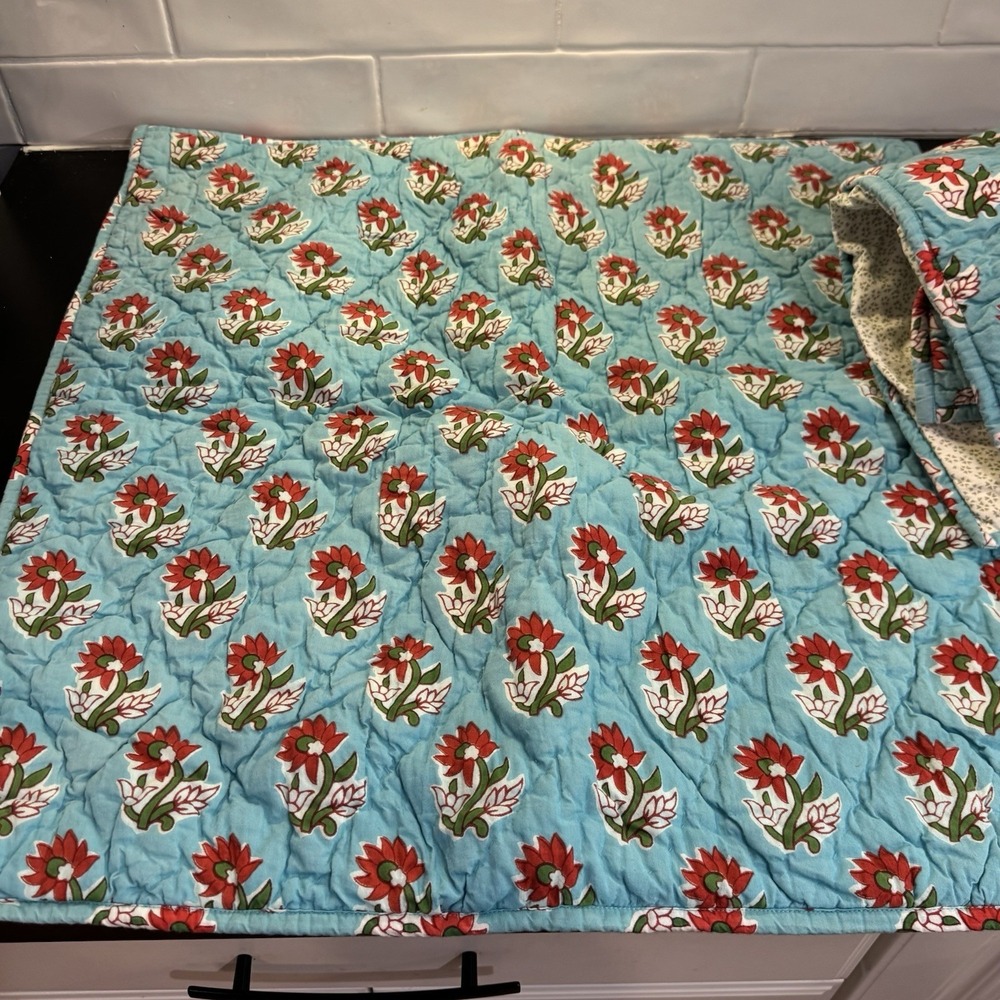 Quilted Euro Sham 26x26 Set of 2 Embroidered Floral Textured Blue Red Green